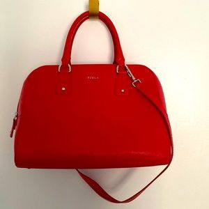 Furla red satchel with detachable strap. Offers welcome